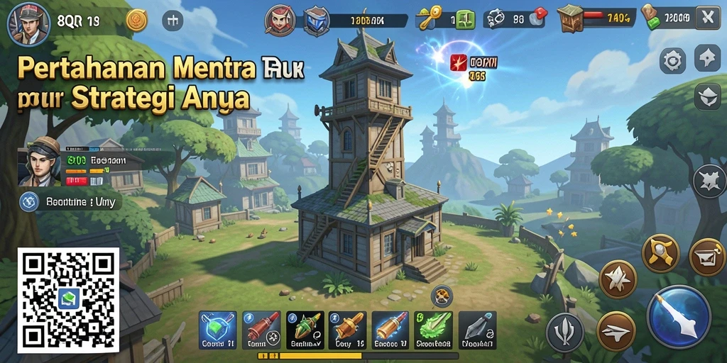 Screenshot gameplay 8QR menampilkan pertahanan menara yang dinamis.