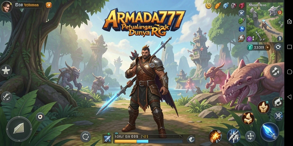 Tangkapan layar gameplay ARMADA777 menunjukkan pertempuran epik dan eksplorasi mendalam.