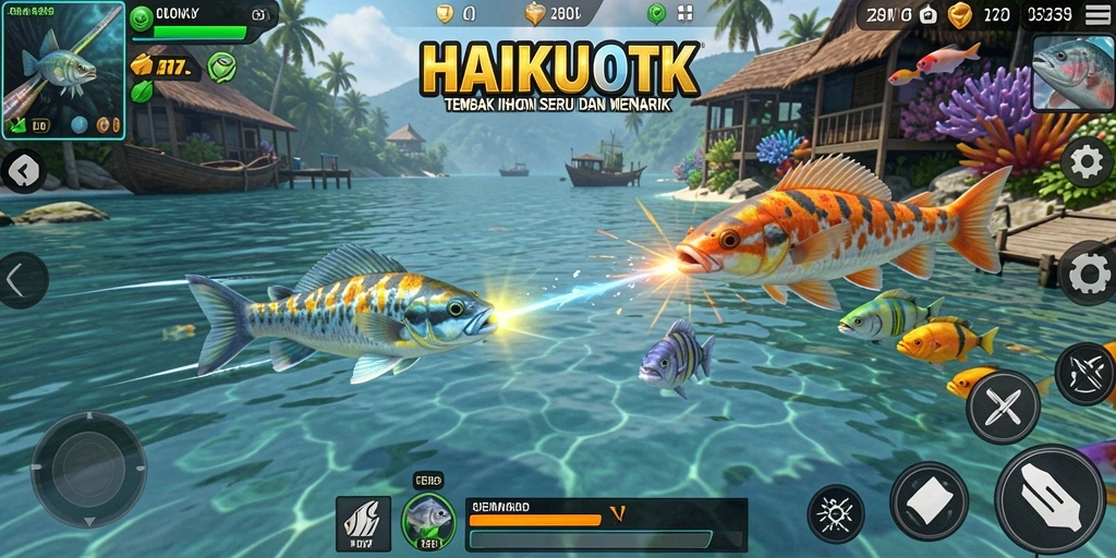 Tampilan gameplay HAIKUOTK dengan aksi menembak ikan yang seru.