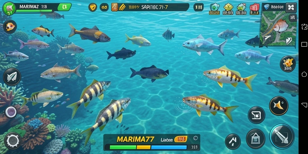 Screenshot gameplay MARIMA77 yang menunjukkan aksi menembak ikan.