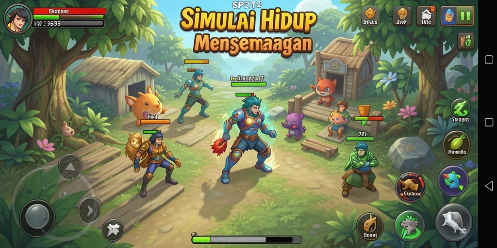 Screenshot utama SP212 menampilkan gameplay karakter yang beraksi dalam simulasi kehidupan.