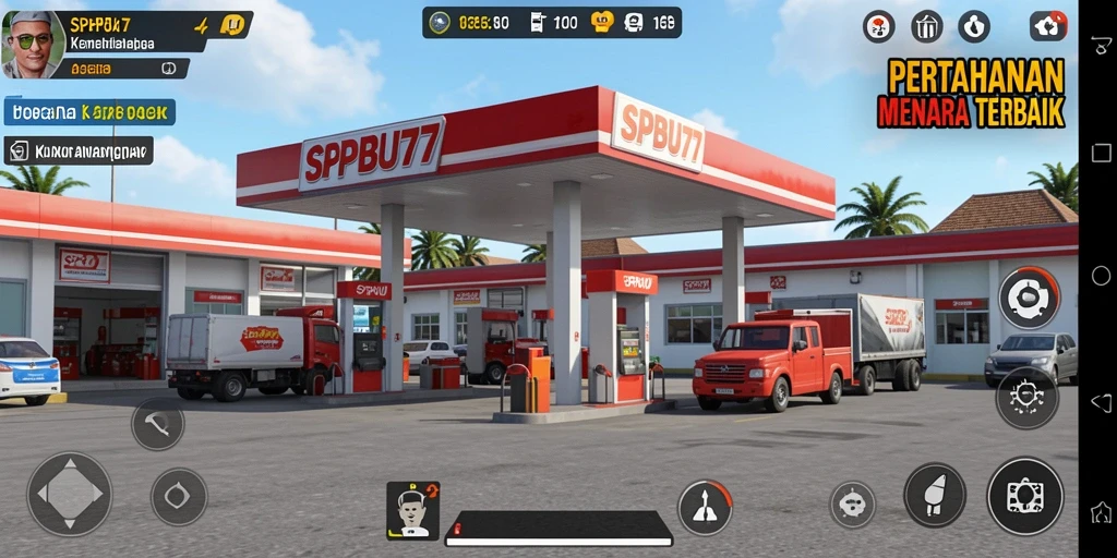 Screenshot gameplay SPBU77 menampilkan pertahanan menara yang dinamis dan seru.